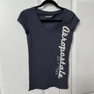 Y2K Aeropostale Blue T-shirt Womens M Blue Spellout New York V-neck Long 2000s